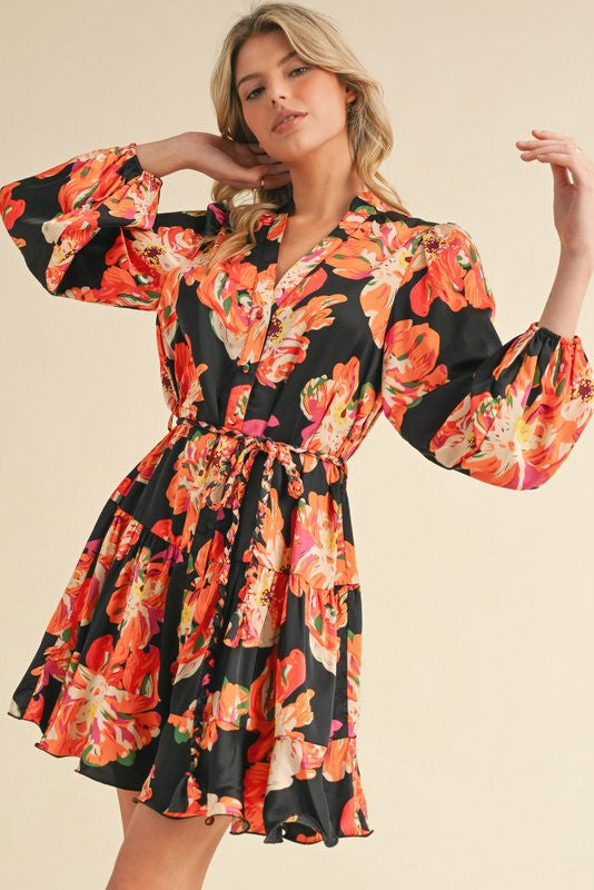 Floral Print Ribbon-tie Satin Dress