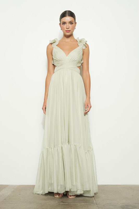 Chiffon Ruffle Shoulder V Neck Maxi Dress