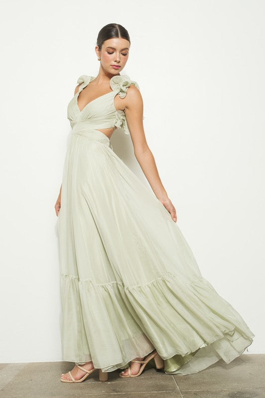 Chiffon Ruffle Shoulder V Neck Maxi Dress