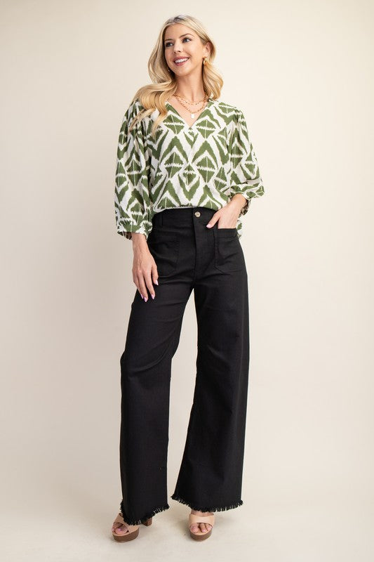 Bold Print V-Neck Blouse with Voluminous Sleeves