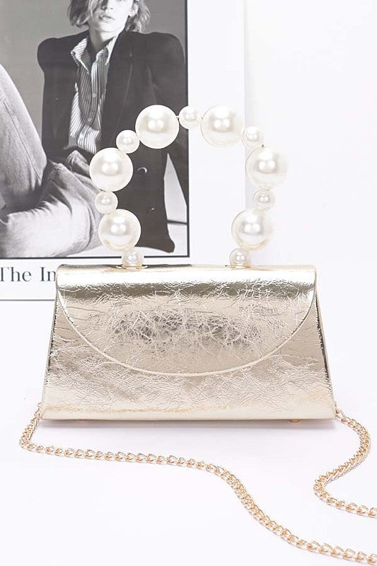 Metallic Pearl Handle Flap Bag