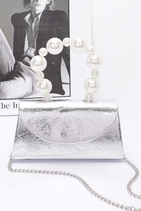 Metallic Pearl Handle Flap Bag