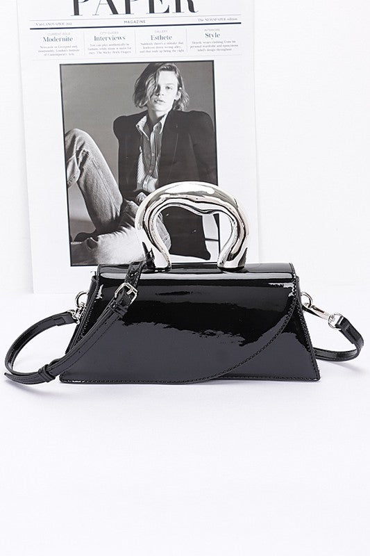 Faux Leather Metal Handle Flap Bag