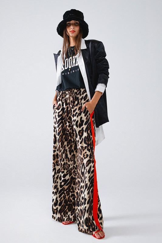 Leopard Straight Pants With Red Stripes