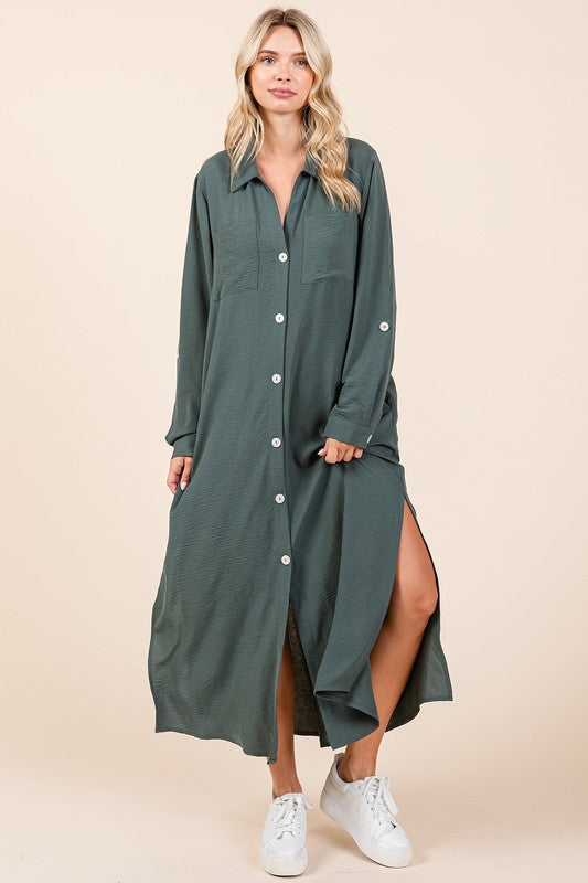 AIRFLOW V-NECK LONG SLEEVE BUTTON DOWN MAXI DRESS