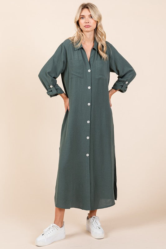 AIRFLOW V-NECK LONG SLEEVE BUTTON DOWN MAXI DRESS