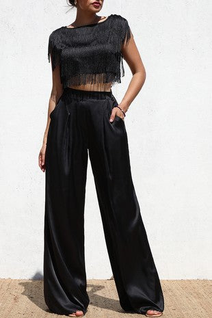 TASSEL TOP AND SATIN PANT SET