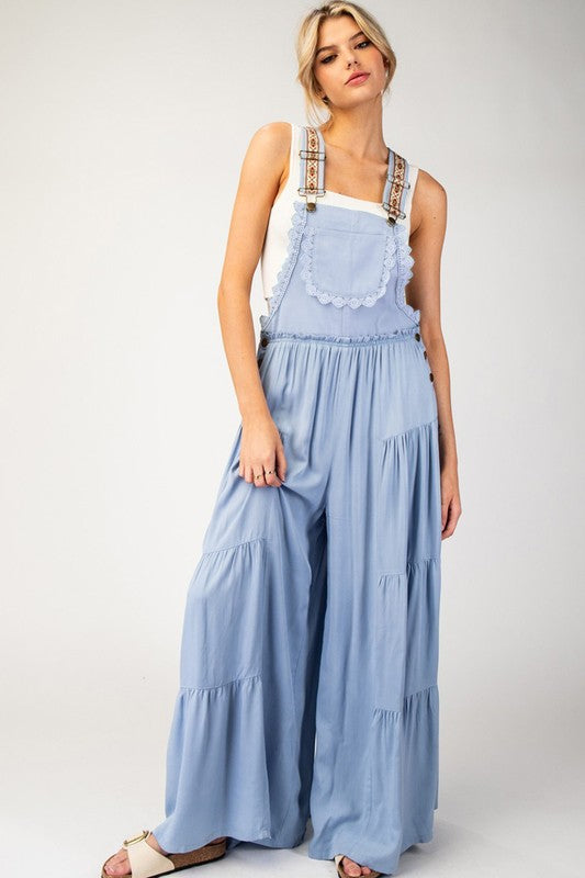 LACE TRIM TIERED SLEEVELESS JUMPSUIT