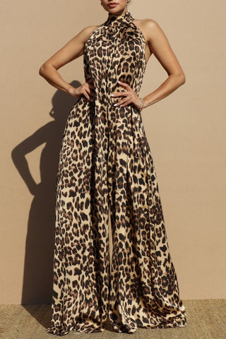 LEOPARD MOCK NECK WOVEN JUMPSUIT