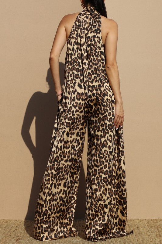 LEOPARD MOCK NECK WOVEN JUMPSUIT