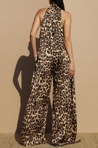 LEOPARD MOCK NECK WOVEN JUMPSUIT