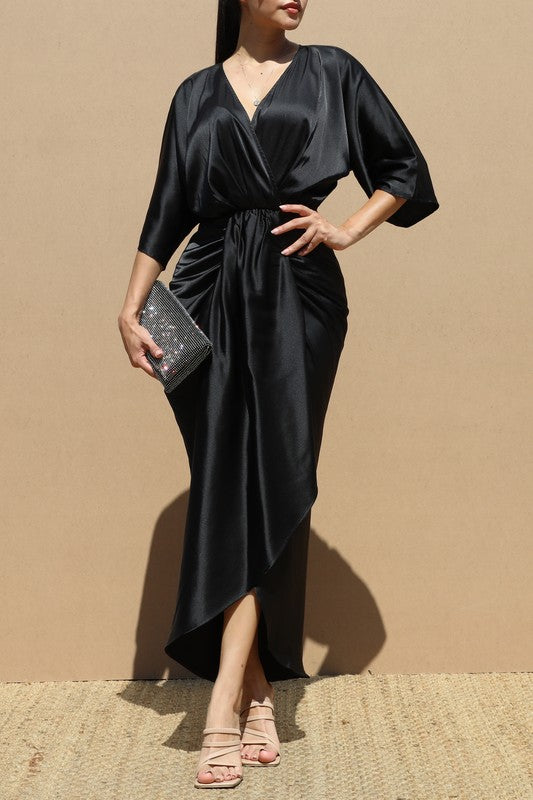 V NECK SATIN MIDI DRESS