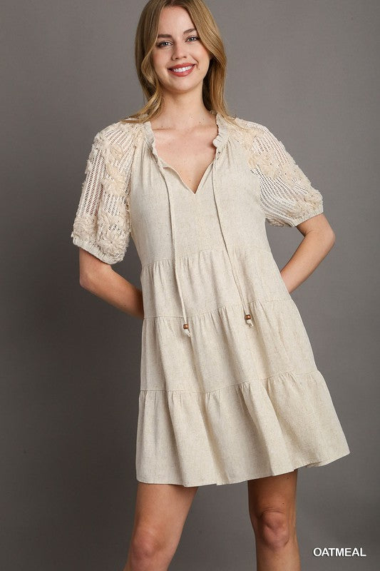 Linen Tiered Dress with V-Neck Ruffle Split Neck