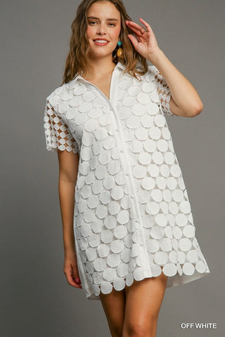 Polka Dot Lace Collared Button Down Shirt Dress