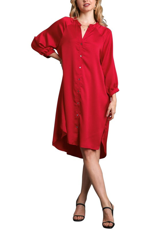 Satin Button Down High Low Hem Midi Dress