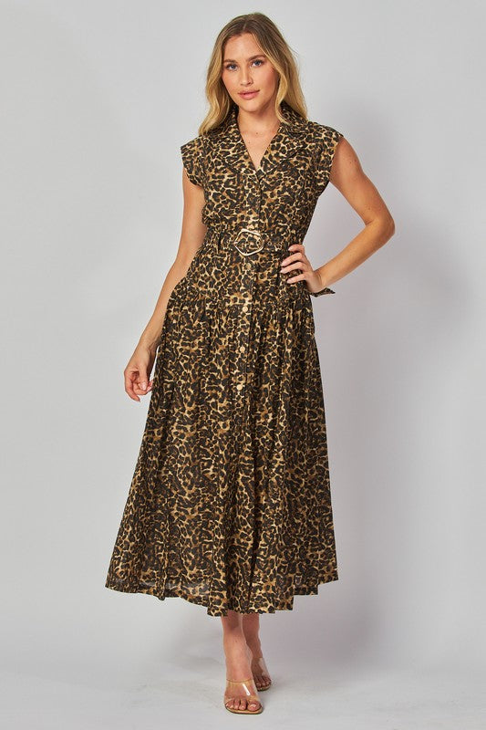 Women Woven Leopard Print Cap Sleeve Button-Down Maxi Dress with Self Belt