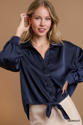 Satin Button Down Front Tie Blouse