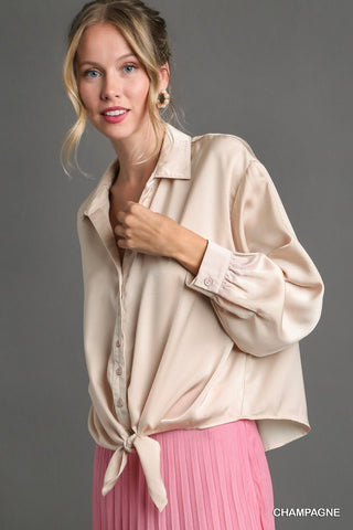 Satin Button Down Front Tie Blouse