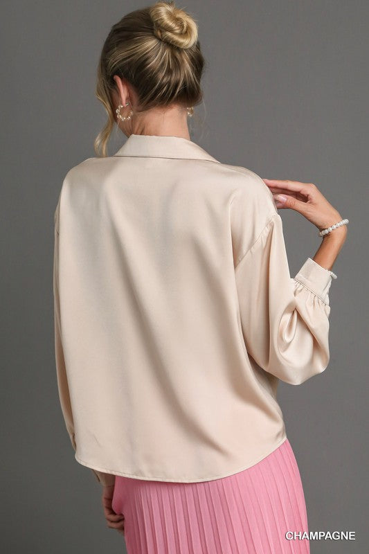 Satin Button Down Front Tie Blouse