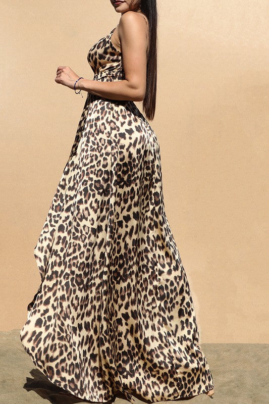 LEOPARD CAMI SATIN MAXI DRESS