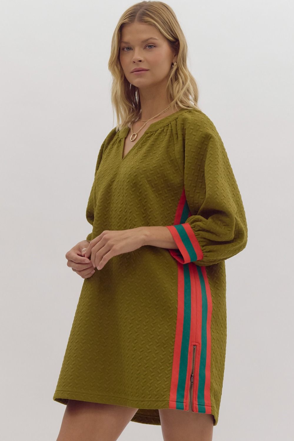 Sleeve  pullover mini dress with accented striped multicolor rib band on side and sleeve