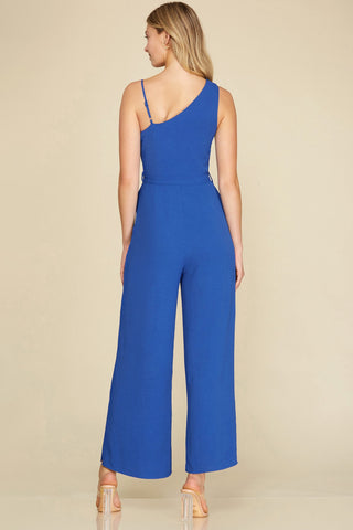 ONE SHOULDER WOVEN JUMPSUIT WITH WAIST TIE