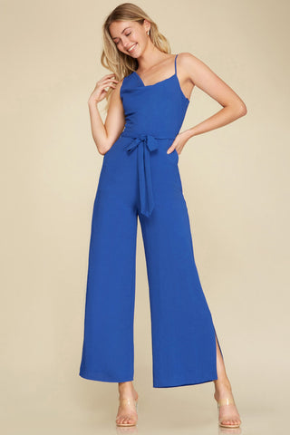 ONE SHOULDER WOVEN JUMPSUIT WITH WAIST TIE