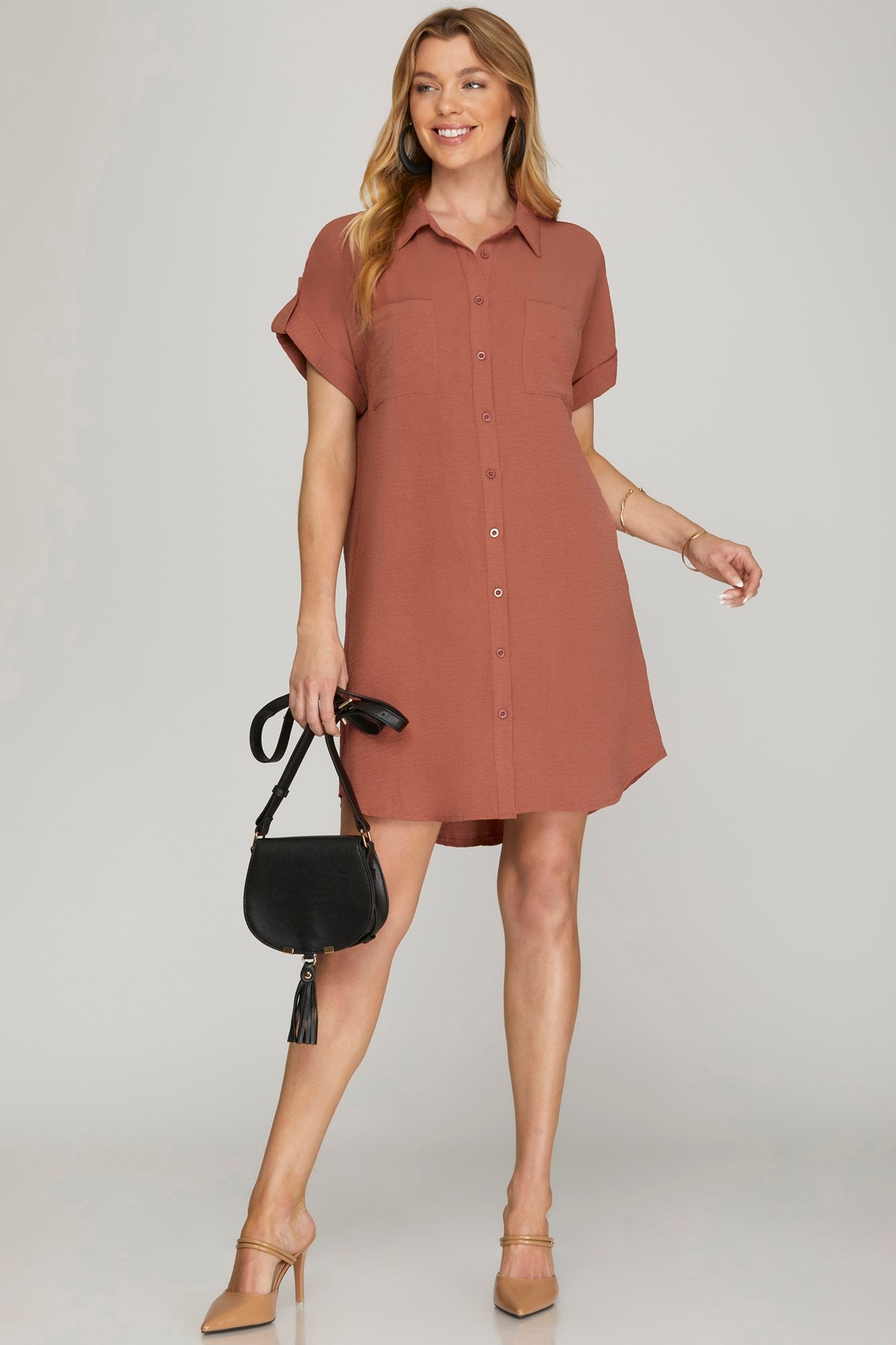 DROP SHOULDER BUTTON UP WOVEN SHIRT DRESS WITH POCKETS