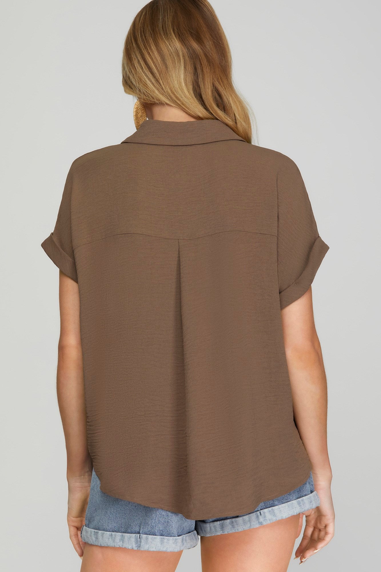 DROP SHOULDER COLLARED WOVEN TOP