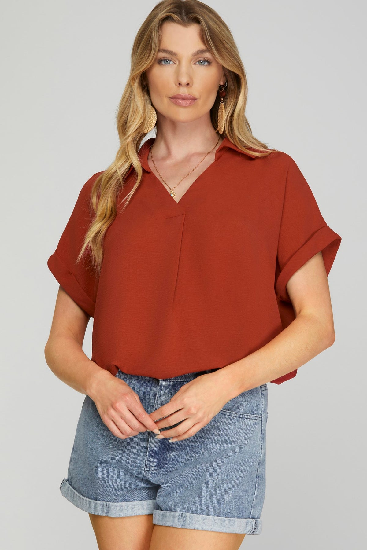 DROP SHOULDER COLLARED WOVEN TOP