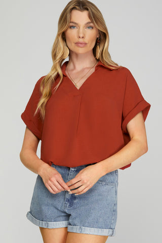 DROP SHOULDER COLLARED WOVEN TOP