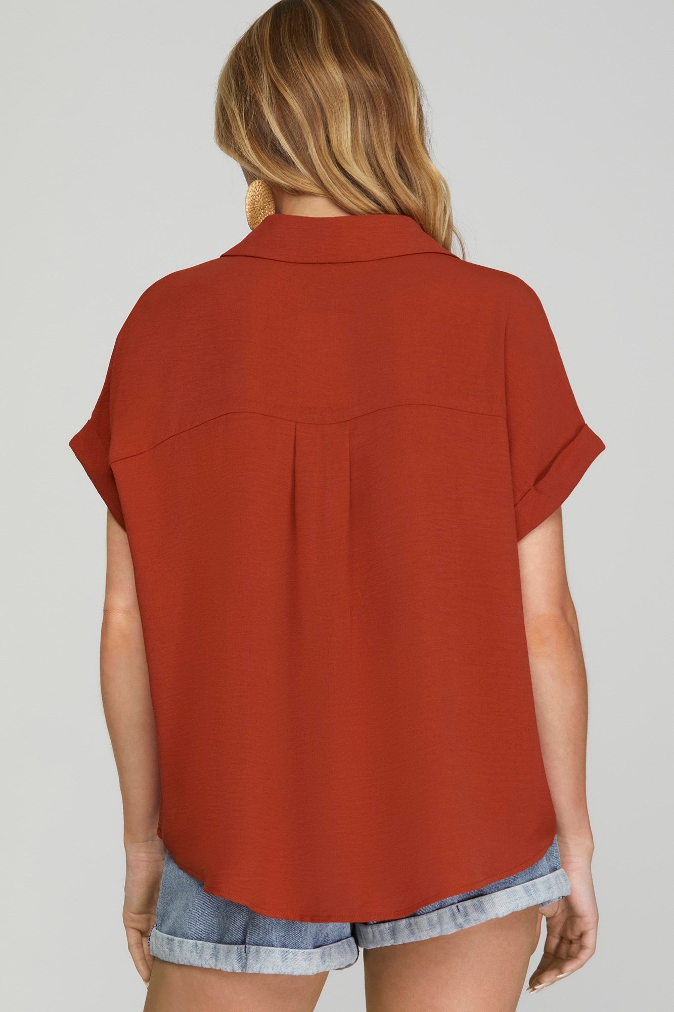 DROP SHOULDER COLLARED WOVEN TOP