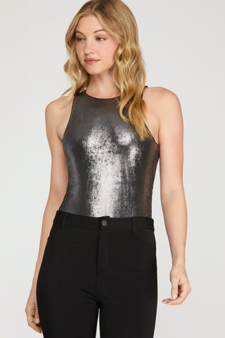 SLEEVELESS METALLIC KNIT BODYSUIT