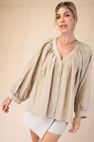 V-Neckline Balloon Sleeves Blouse