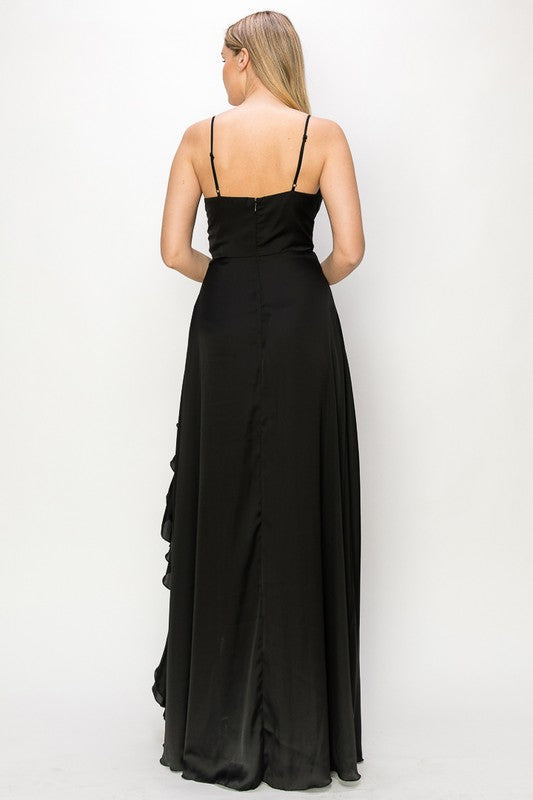 Satin Spaghettis Strap Gown With Ruffle Slit