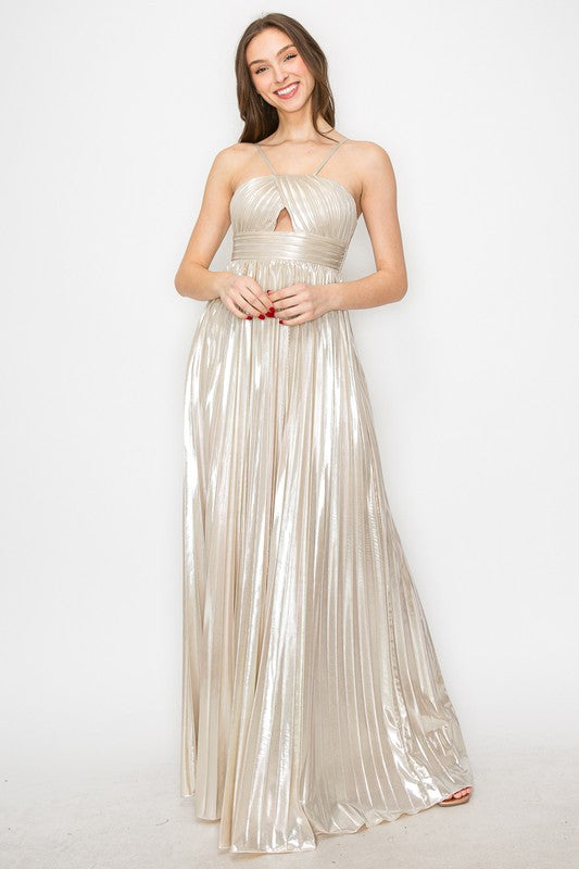 BOLD METALLIC PLEATE MAXI DRESS