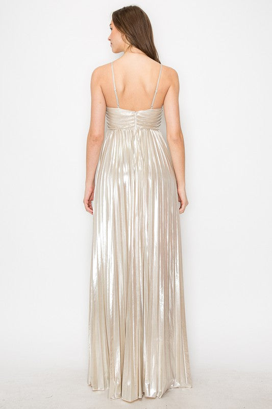 BOLD METALLIC PLEATE MAXI DRESS