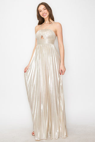 BOLD METALLIC PLEATE MAXI DRESS