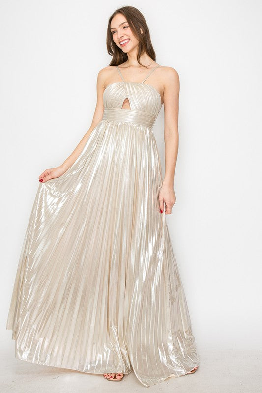 BOLD METALLIC PLEATE MAXI DRESS