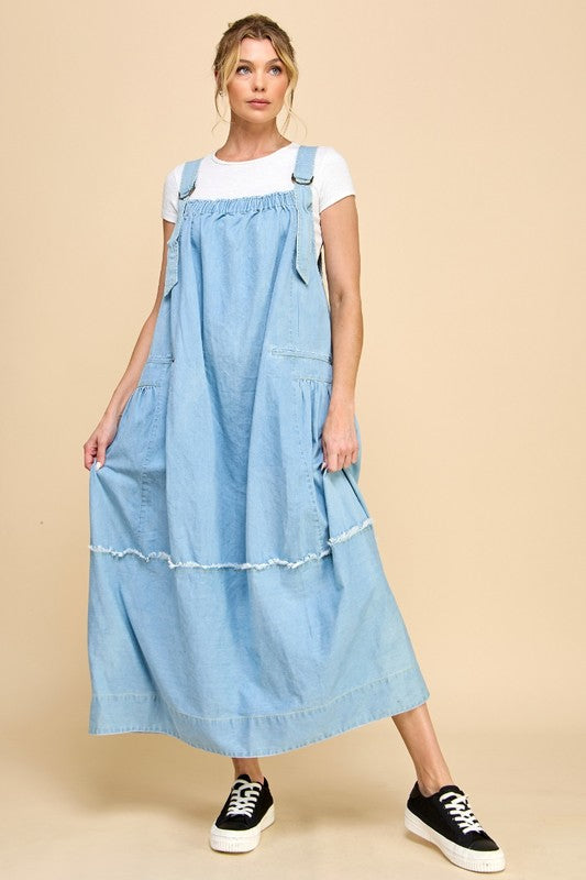 Washed Denim Overalls Dress