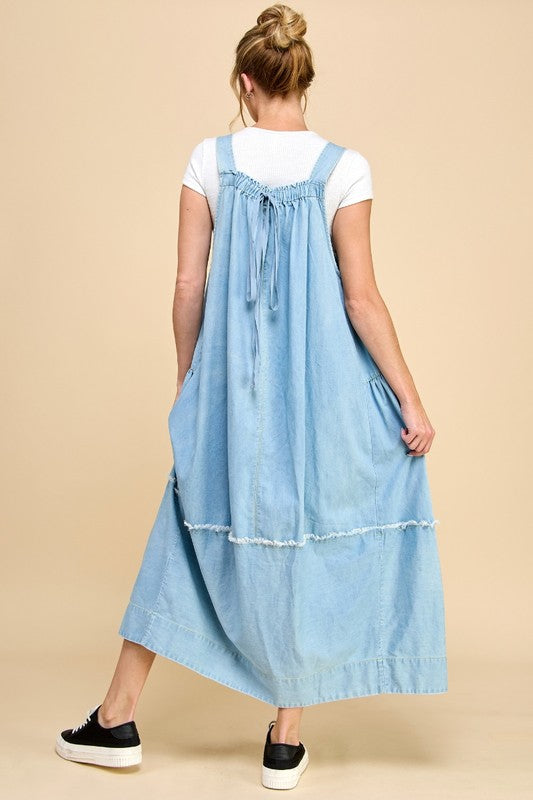 Washed Denim Overalls Dress