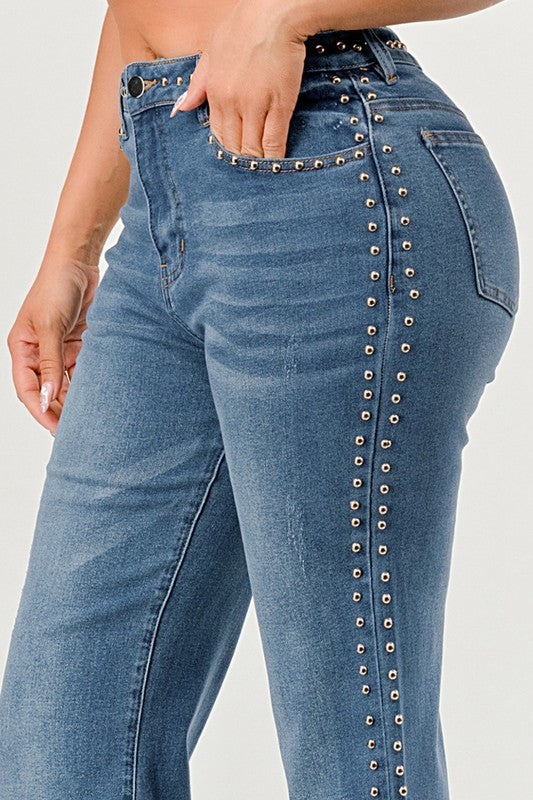 STRAIGHT LEG MEDIUM BLUE WASH DENIM JEANS WITH SILVER STUD DETAIL ON BOTH SIDES OF THE LEG