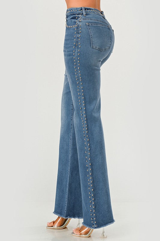 STRAIGHT LEG MEDIUM BLUE WASH DENIM JEANS WITH SILVER STUD DETAIL ON BOTH SIDES OF THE LEG