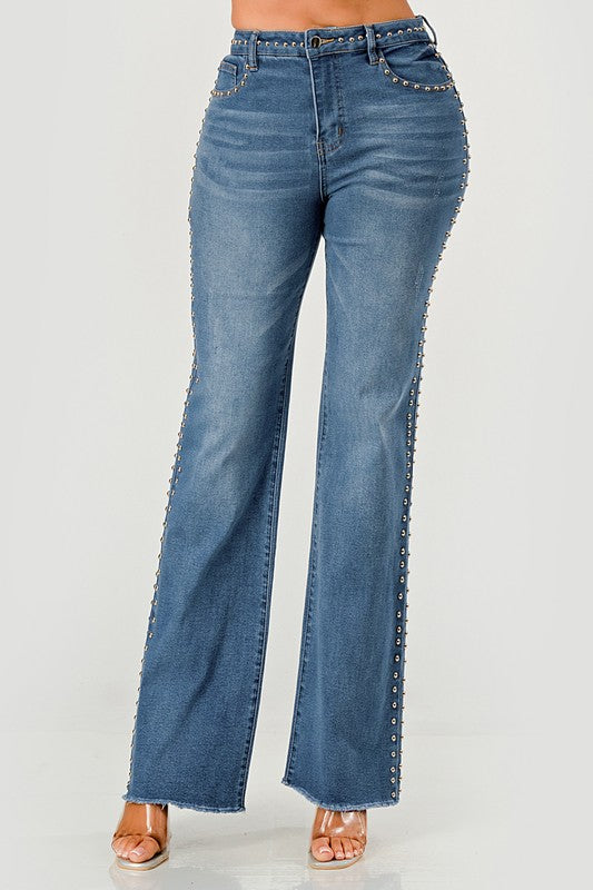 STRAIGHT LEG MEDIUM BLUE WASH DENIM JEANS WITH SILVER STUD DETAIL ON BOTH SIDES OF THE LEG