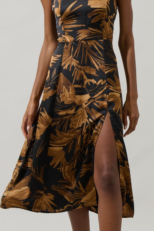 Palm Tropics Midnight Parting Satin Midi Dress