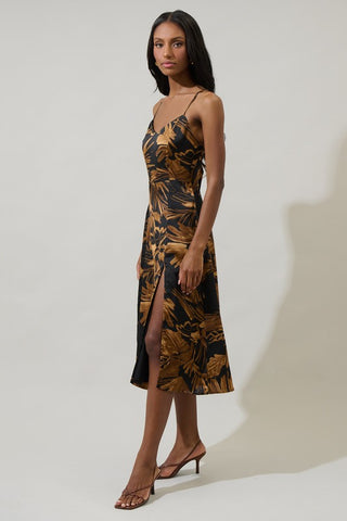 Palm Tropics Midnight Parting Satin Midi Dress