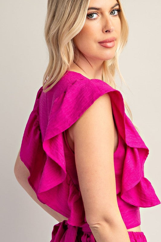 V neck surplice ruffled crop top