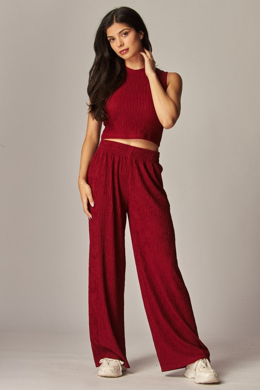 Crinkle Textured Cropped Top 2pc Loungewear Set