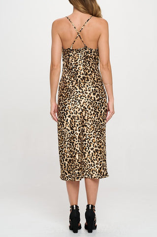 Leopard Print Satin Slip Dress w Slit