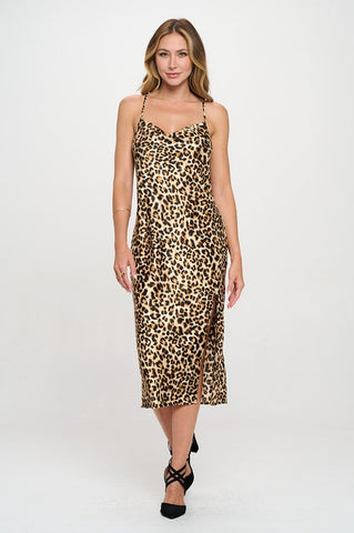 Leopard Print Satin Slip Dress w Slit